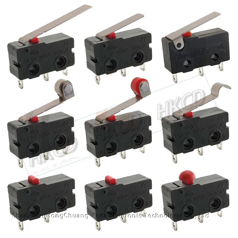 10 pièces, micro-interrupteur de fin de course, interrupteur de fin de course normalement ouvert et fermé, KW12-3, AC 250V, 5A, SPDT, 1NO, 1NC, interrupteur à 3 broches avec levier à rouleau.