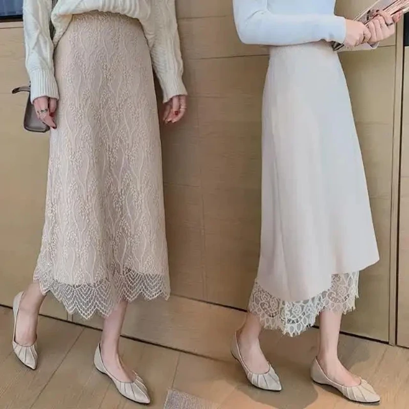 

Элегантная женская юбка трапециевидной формы длиной до середины икры с кружевной отделкой и естественной талией, облегающая офисная одежда, весенне-осенняя мода