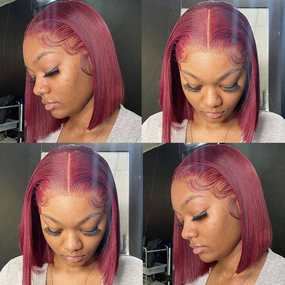 Burgundy Short bob wig Pre Pluckes 13X4 Colored Human Hair Lace Frontal Wigs Ombre 4x4 Closure 99J Red Straight Bob Lace Front W