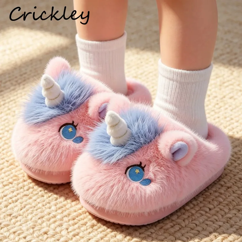 Winter Unicorn Cute Children Slippers Cartoon 3D Faux Fur Girls Home Shoes Plush Warm Soft Sole Kids Princess Slippers