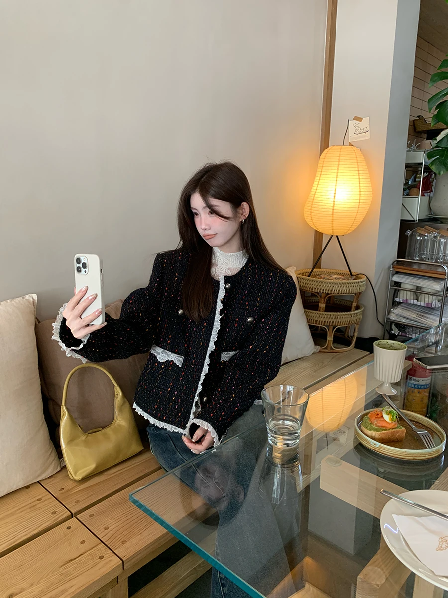 Casaco Curto Estilo G com Fraância Leve para Mulheres, Preto, Nova Chegada de Outono/Inverno, Único e Super Fofo