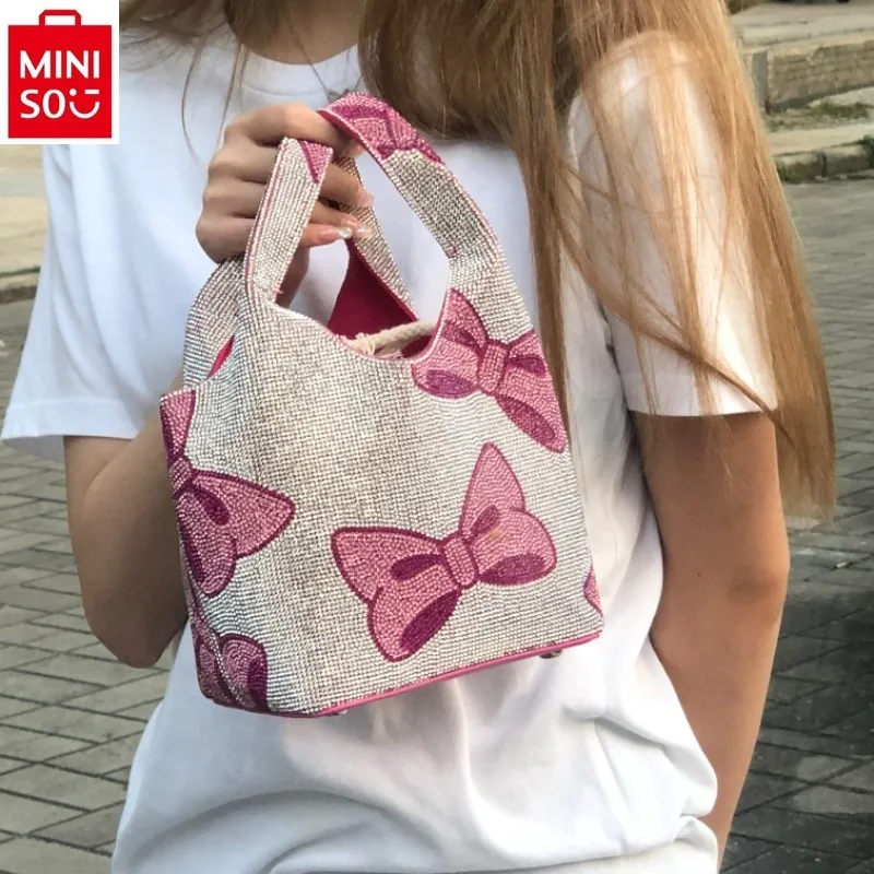 MINISO    Disney Fashion Diamond Set Bow High Quality Bucket Bag for Women's Luxury Brand Versatile Storage Handbag