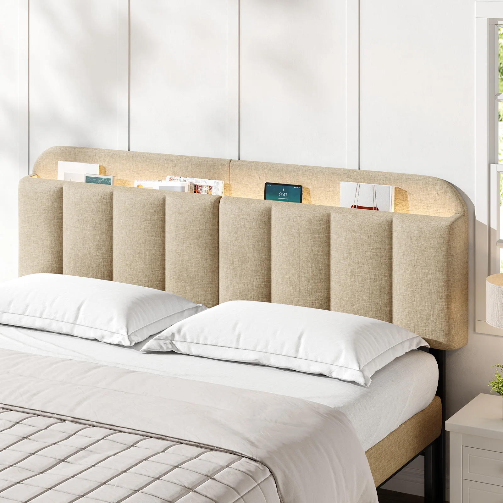 

Adjustable Headboard for F/Q Size Bed Frame,Linen Fabric Bed Headboard w/ Storage & RGB LED Light in Vertical Channel Design