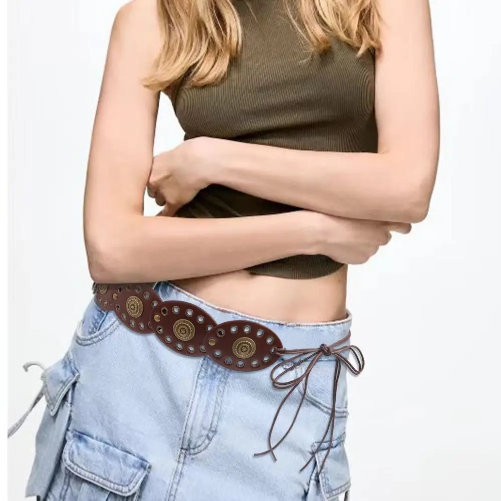 

Streetwear Retro Rivet Waist Belt Y2K Eyelet Disk Punk Wide Waistband Harajuku Cowgirl PU Leather Belt Decorative Dress