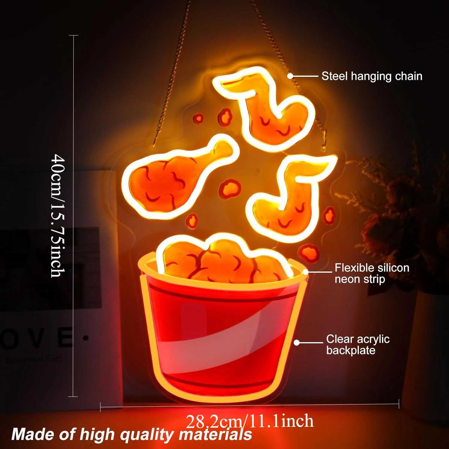 Fried Chicken Neon Sign USB Dimmable LED Neon Light Sign for Drink Bar Man Cave Bedroom Hotel Shop Game Room Party Wall Decor view 6