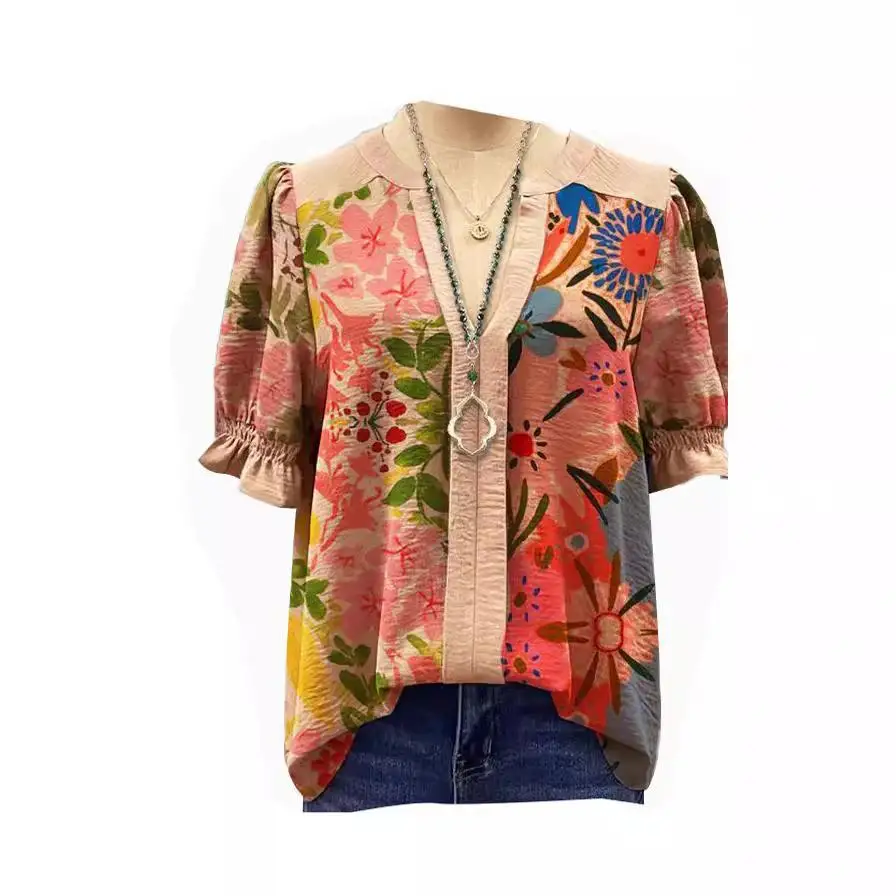 

Women's Geometric Print Lantern Sve Long irt Top Loose Fit Polyester Fabric Five-Quarter Sve Summer Faion