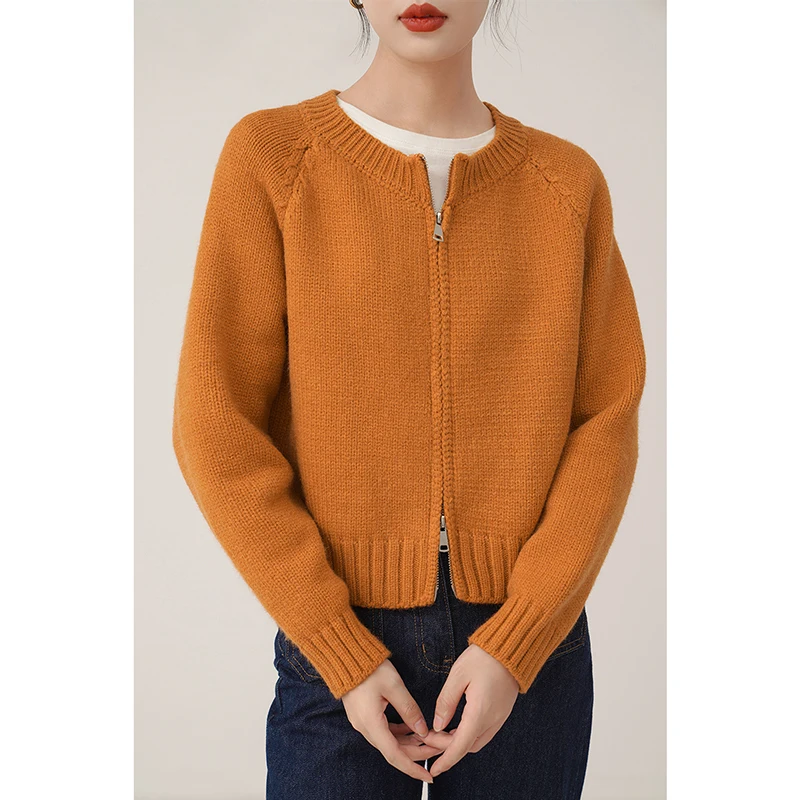 

Женское вязаное пальто-кардиган с двойной молнией, плотной вязки, оранжевого цвета, в милом стиле, зимняя модная верхняя одежда