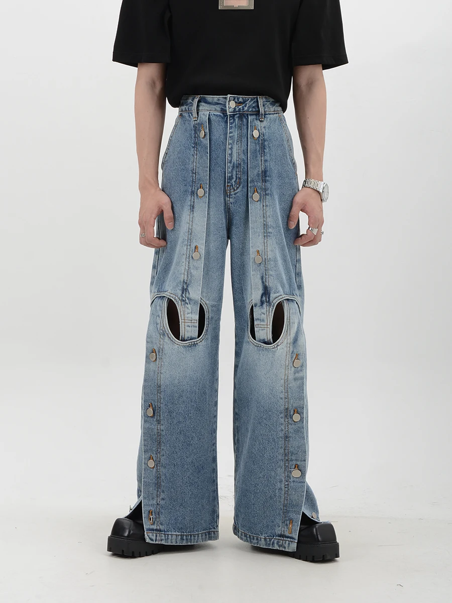 

Deconstructed Metal Button Wide Leg Jeans Heavy hollow-out Loose Straight Pants