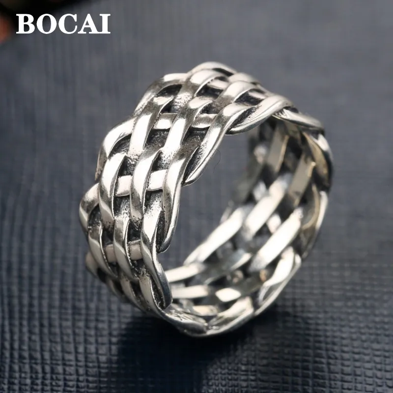 

BOCAI New Real S925 sterling silver jewelry carved retro wide ring for Man personalized woven silver men's ring