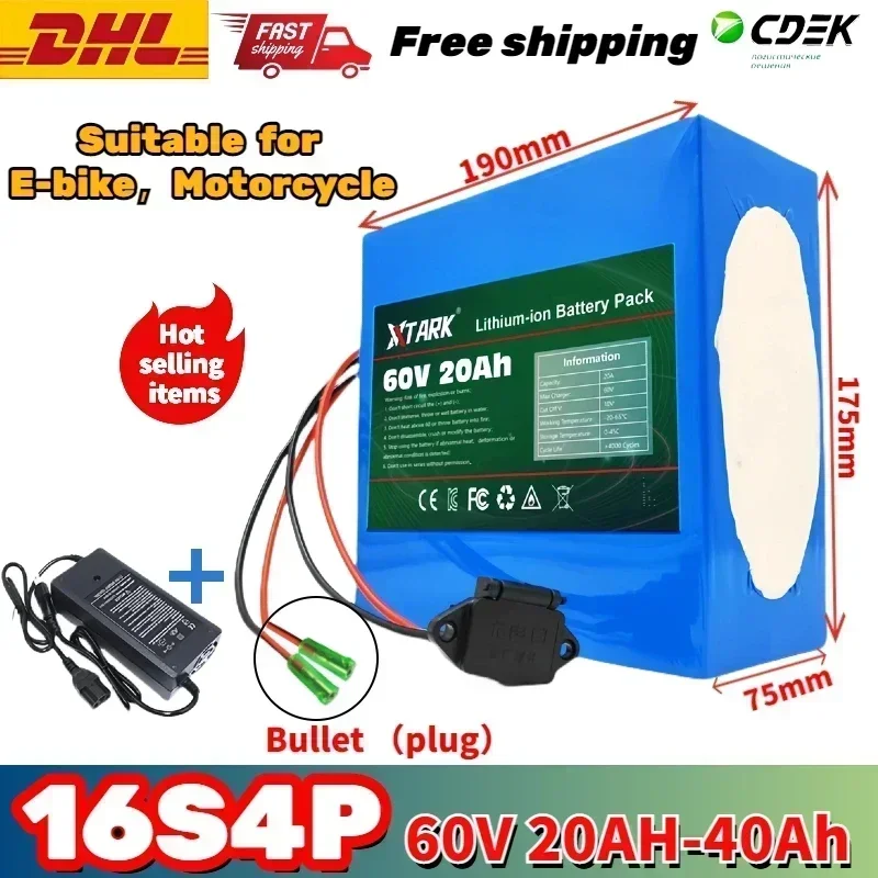 

2024 New upgraded 60V 40Ah high-capacity XT90 plug 16s4p li-ion battery pack with built-in BMS, suitable for E-bike motorcycles