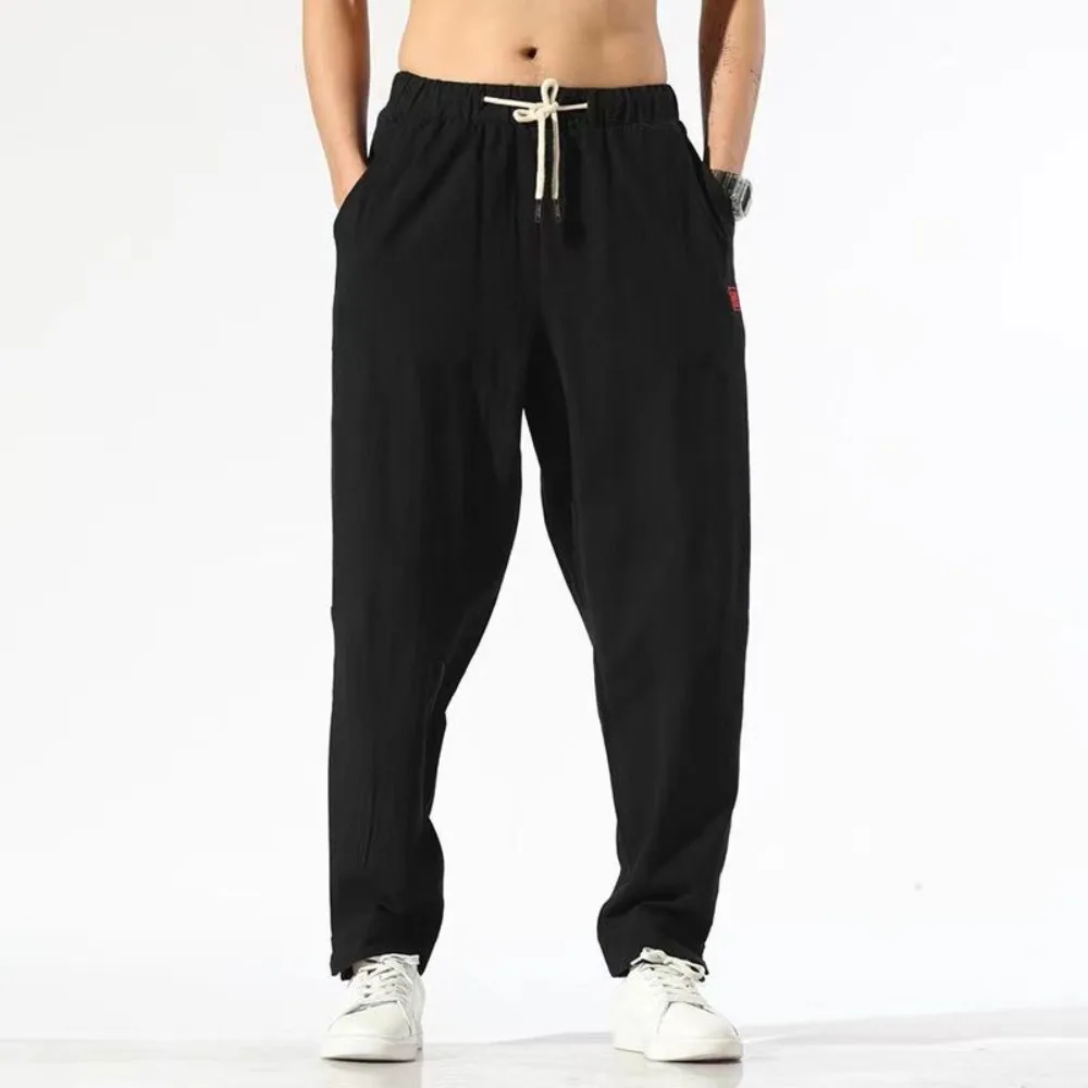 Calça de linho de algodão masculina, virilha aberta invisível, sexo ao ar livre, moda casual, exoticismo, nove pontos