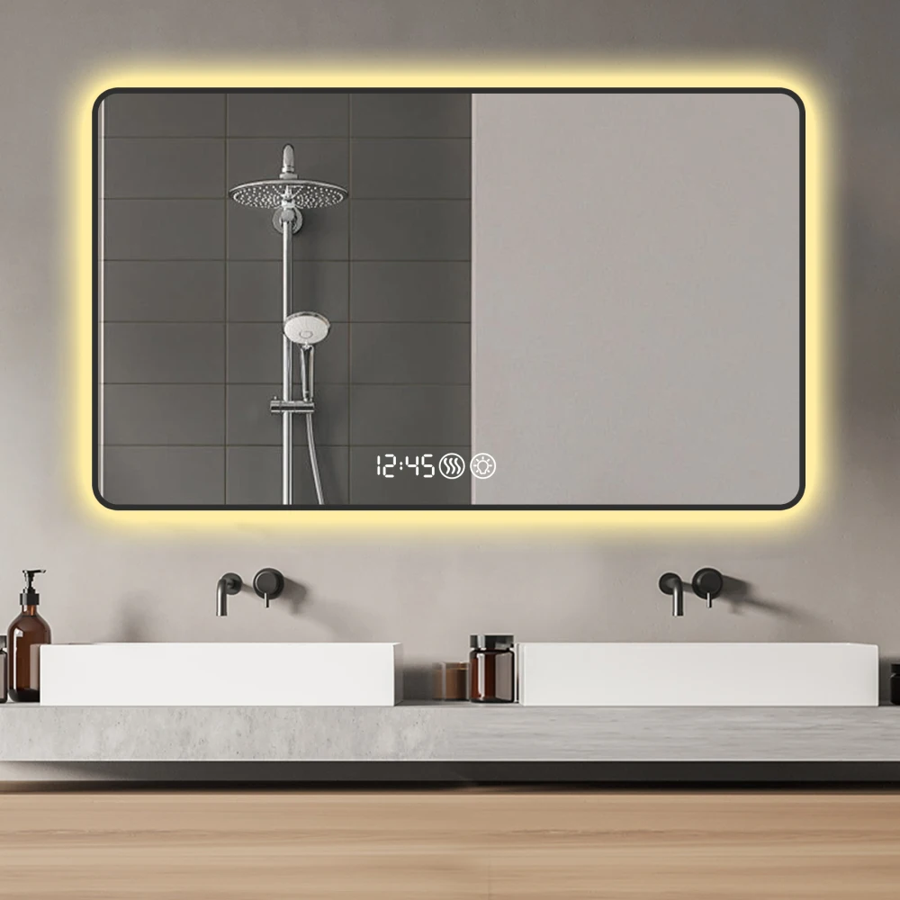 

Rounded Corner LED Vanity Mirror 29x39 Defogger Tri-Color Lighting Temperature Display Aluminum Frame Wall Mirror