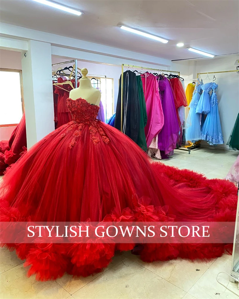 Red Strapless Quinceanera Dresses Applique Ball Gown Beaded Prom Graduation Gowns Appliques Ruffles Vestidos De 15 Año