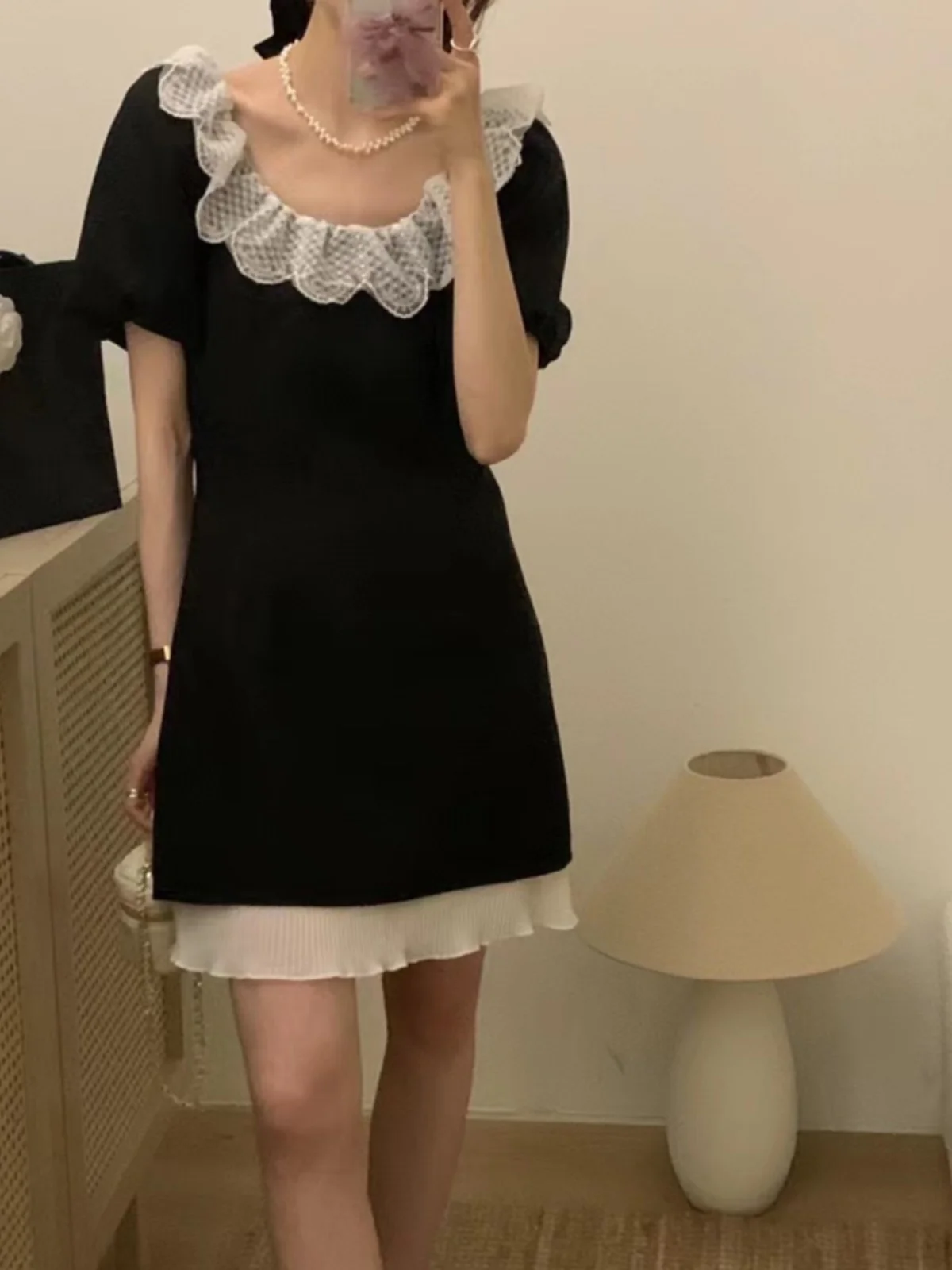 Chic Lace Trimmed Doll Collar Bubble Sve ort A-Line Dr Women's Faion Korean Sle High Waist ort Skirt Dr