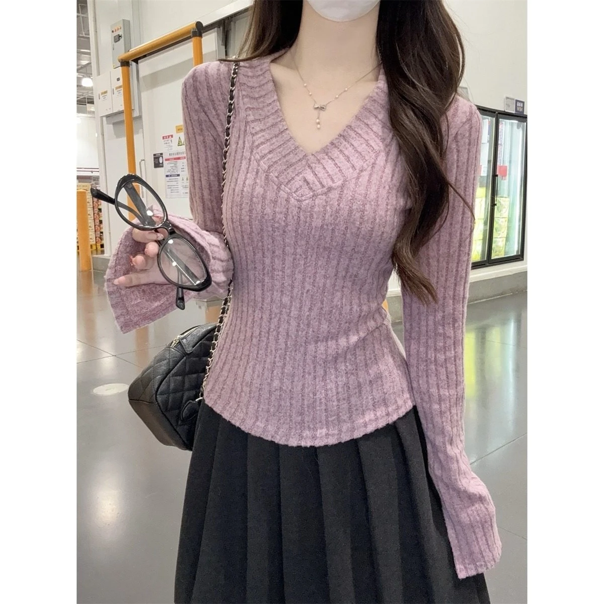 

Off Gentle Wind Purple Autumn Winter V-ne Knitted Top Women's Slim Fit Long Sve T-irt Comfortable Breathable Polyes...