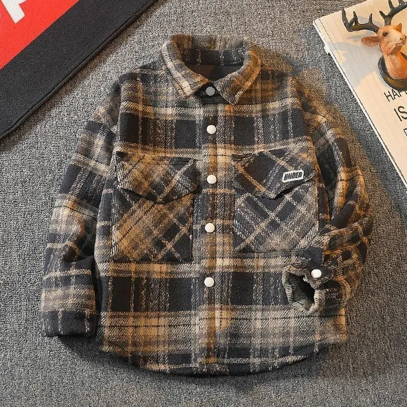 Boys Stylish Shirts Jacket with Integrated Velvet Autumn and Winter Boys Jacket with Winter Plaid Shirt Thickened