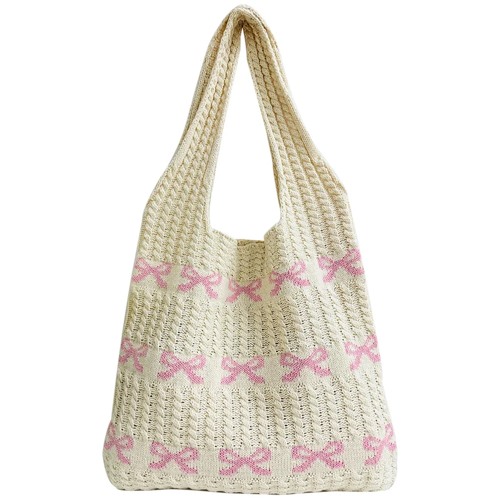 Women's Bow Shoulder Bag Raffia Aesthetics Crochet Handbag Purses Knitted Shopping Bag Summer Beach Bag Ladies Woven Tote Bags