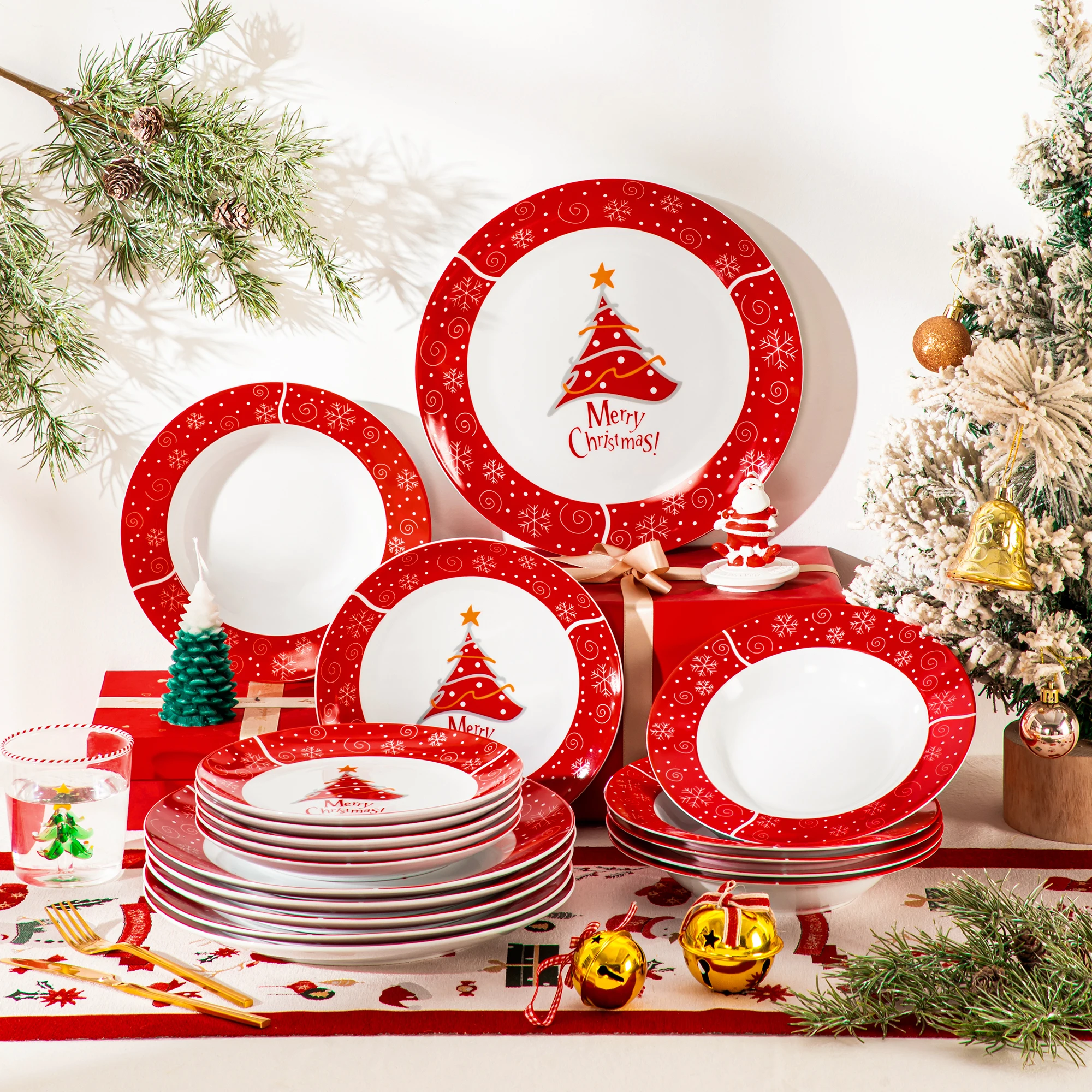 VEWEET 12/16/18/30 Piece Christmas Dinnerware Set Christmas Tree Ceramic Plate Set With 4/6pc Dinner Plate/Dessert/Soup/Bowl/Mug