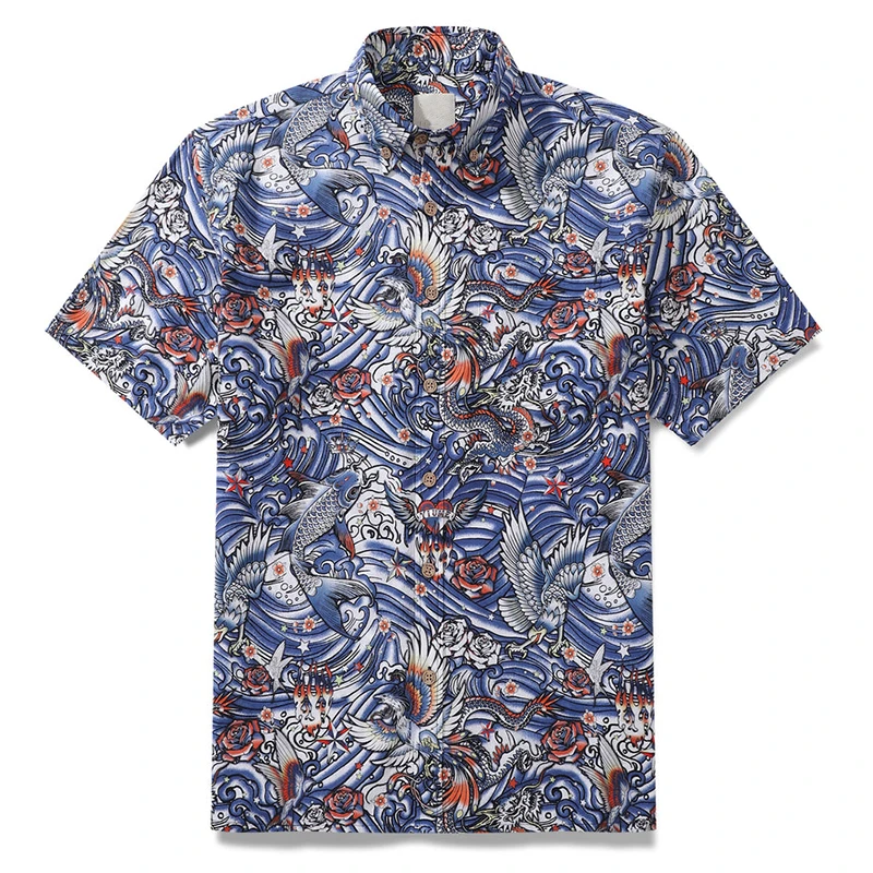 Camisa Aloha masculina estilo tropical havaiano com estampa animal manga curta, japonesa rua verão tops casuais de grandes dimensões, nova