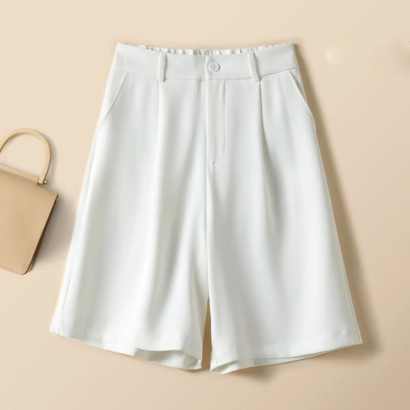 Fashion Zipper Button Pockets Solid Color Wide Leg Shorts Female Clothing 2024 Summer New Loose Elastic High Waist Casual Shorts