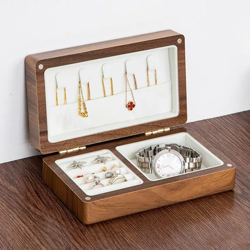 

Portable Jewelry Storage Box Black Walnut Wooden Vintage Necklace Earrings Bracelet Organizer Boxes Portable Travel Jewelry Box