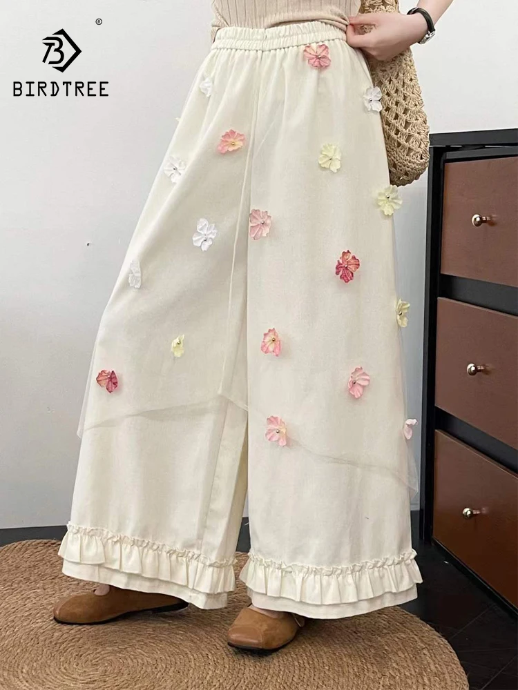 

New 2026 Summer Women Cotton Trousers, Elastic Waist 3D Floral Ruffles, Mori Girl Sweet Age Reduction Wide-leg Pants B64025CC