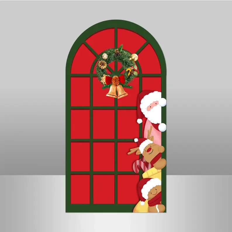 Mehofond Merry Christmas 2-Sided Arch Cover Backdrop Winter Snow Santa Claus Xmas Trees Party Red Window Decor Photo Studio