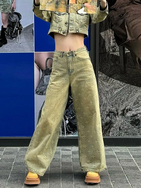

High Waist Wide Leg Jeans Women's Retro Washed Yellow Mud Color Loose Cross Stitch Straight Knife Shape Pants plus Size