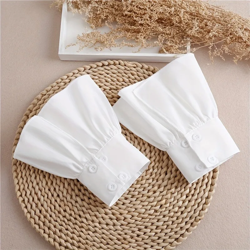 2pcs Ruffles Simple White Cuffs Trumpet Shaped Sleeve Button Casual Fake Cuff Women Clothing Accessories Wrist Wrap Cuffs