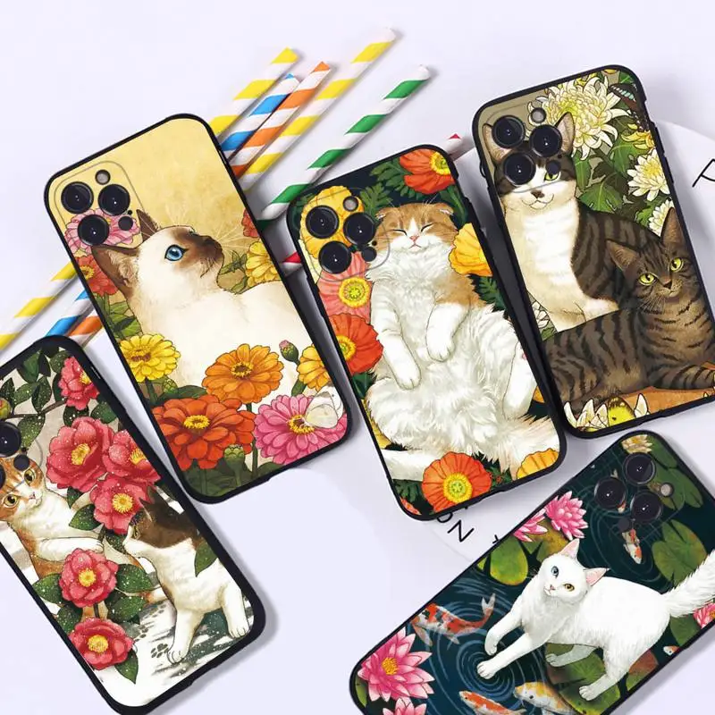 Cute Cat Painting Phone Case For iPhone 8 7 6 6S Plus X SE 2020 XR XS 14 11 12 13 Mini Pro Max Mobile Case