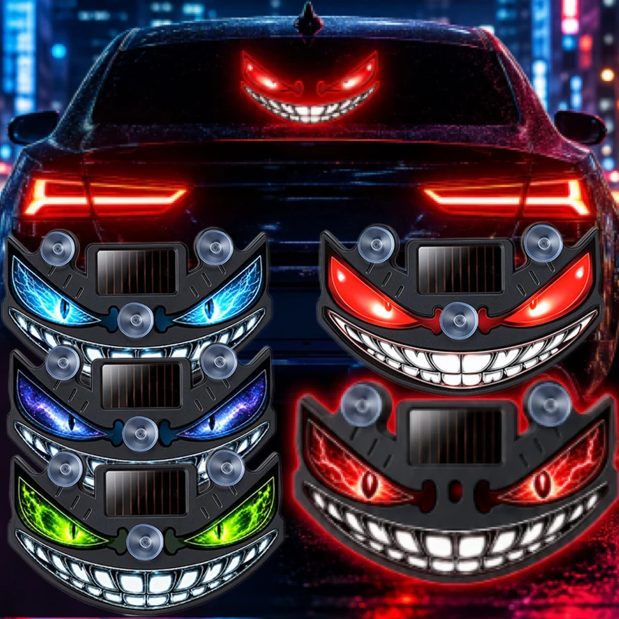 Car LED Warning Lights Adhesive Decorative Decals For Motorcycle Car Truck Helmet Glowing Devil Eyes Solar-powered Suction Cups