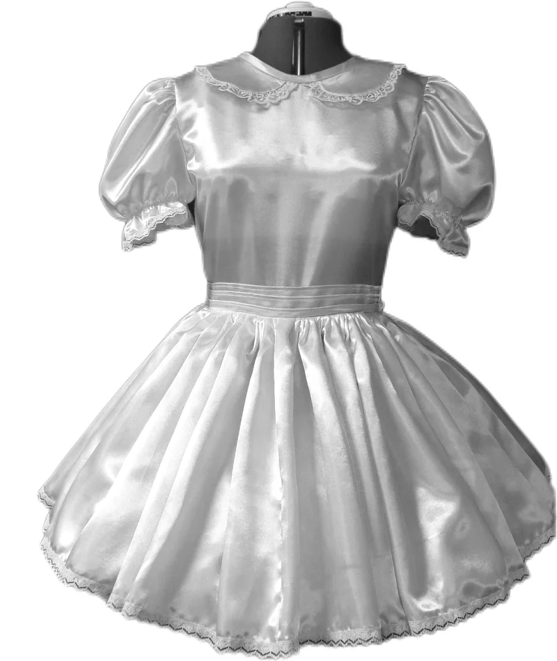 Cross Dressing Role Play  Hot Maiden Maid White Satin Ruffle Adult LG Baby Sissy Dress Customization
