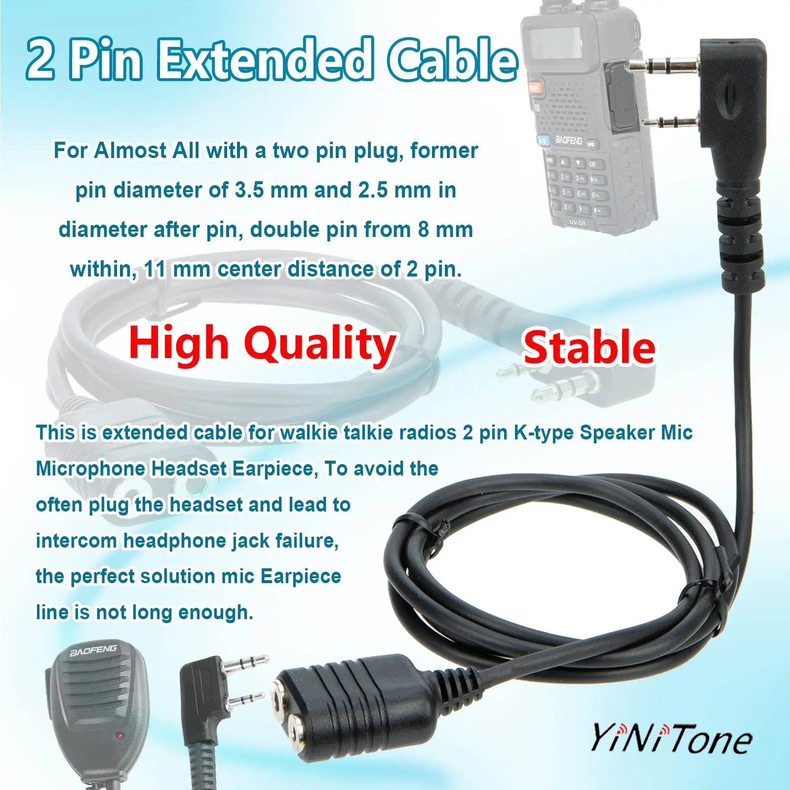 2 Pin Speaker Mic Headset Extension Cord for Kenwood BaoFeng UV-5R BF-888s Walkie Talkie Earpiece K type Extend Cable