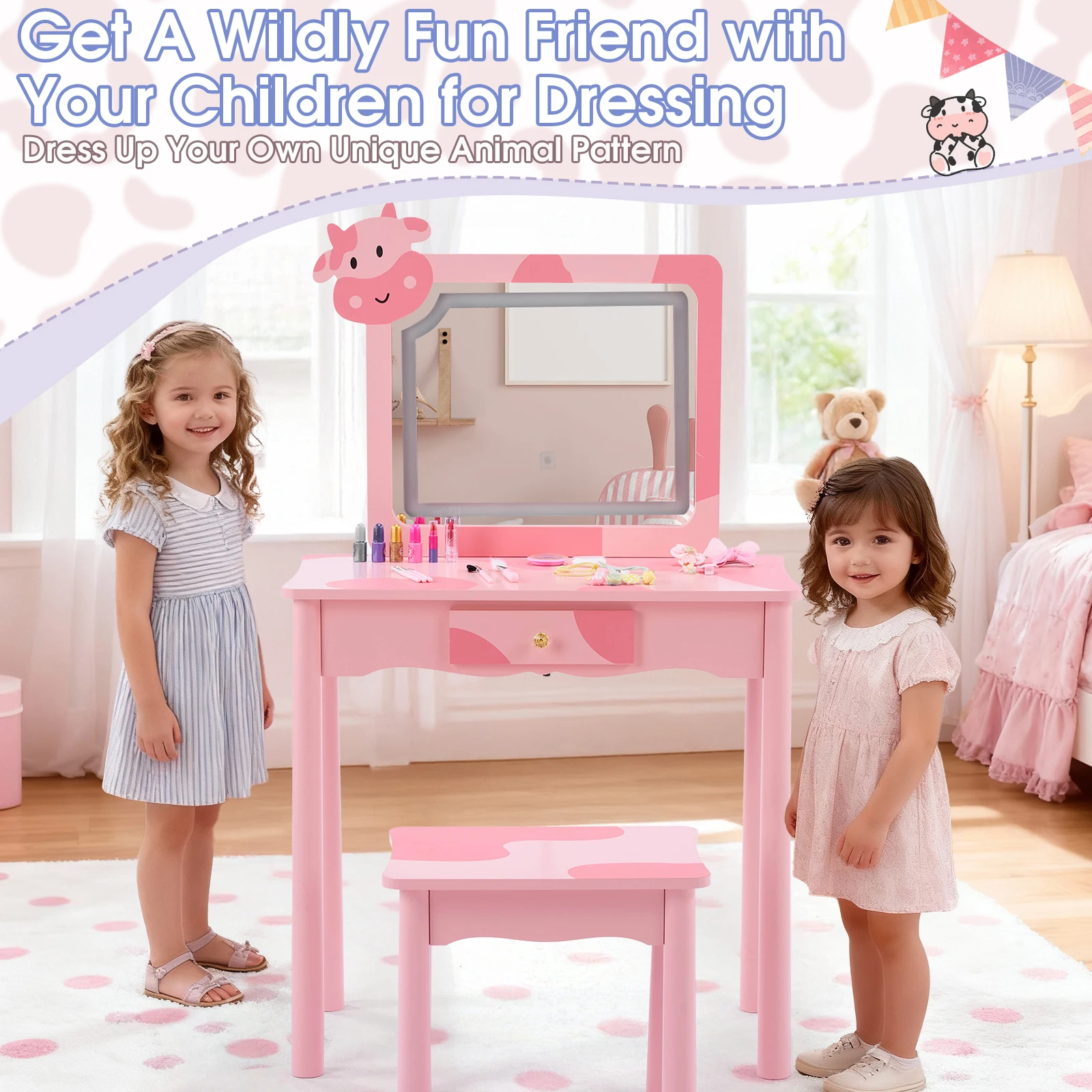 

Pink MDF board, solid wood legs, painted, screen printed, 1-drawer kids' vanity set, LED three-color backlight touch switch