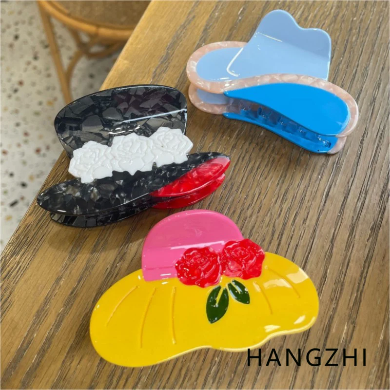 HANGZHI Cute Colorful Rose Bowler Hat Straw Hat Grab Clip Cartoon Creative Headwear INES Fun Quirky Hair Accessories for Women