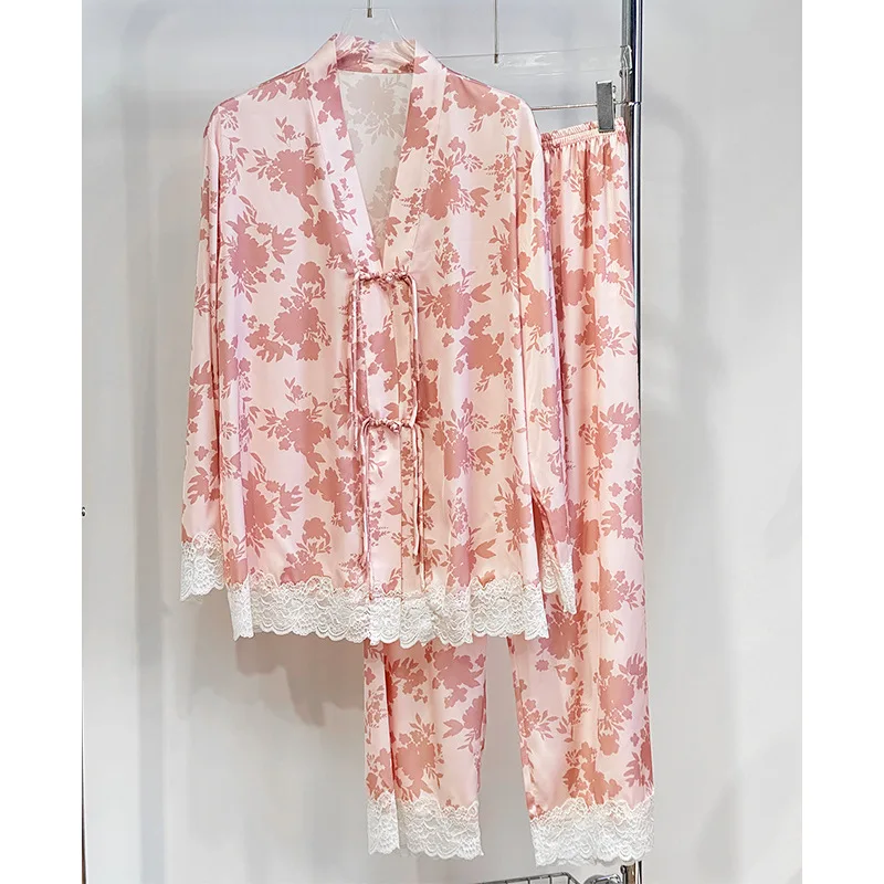 

New Chinese style palace style lace ice silk pajamas female national charm style long-sleeved household clothes trousers suit