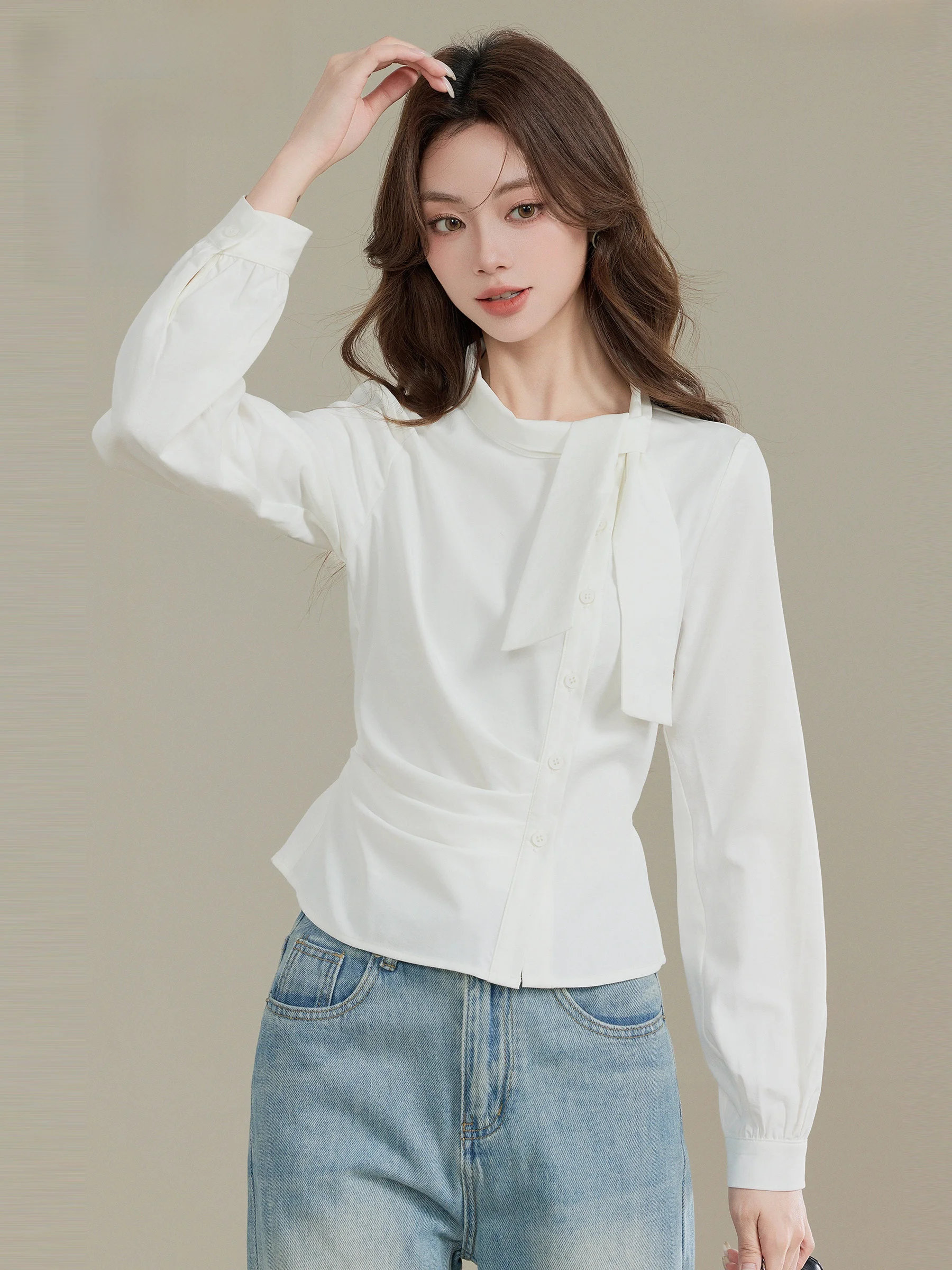 

Ретро-блузка с узлом белого цвета для женщин, осенне-зимняя, новый дизайн, маленькая блузка с принтом, из полиэстера и спандекса, устойчивая к загрязнениям