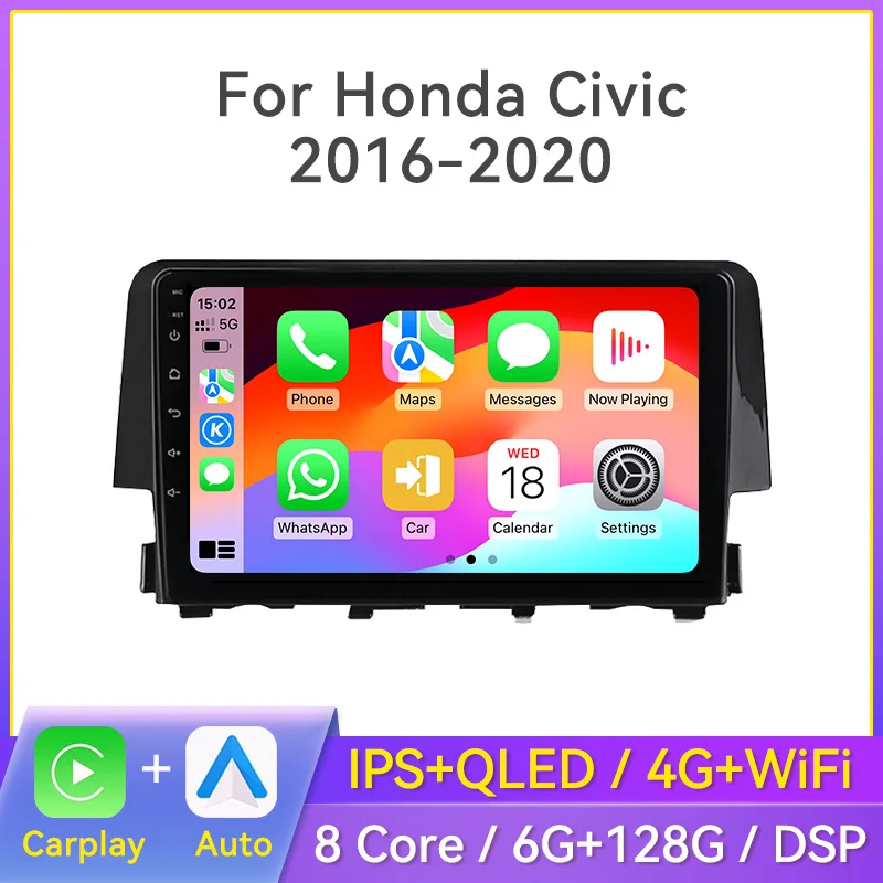 

2 Din Android автомобильная стереосистема для Honda Civic 2016 2017 2018 2019 2020 мультимедийный видеоплеер навигация GPS WiFi BT Carplay авто головное устройство без DVD с экраном