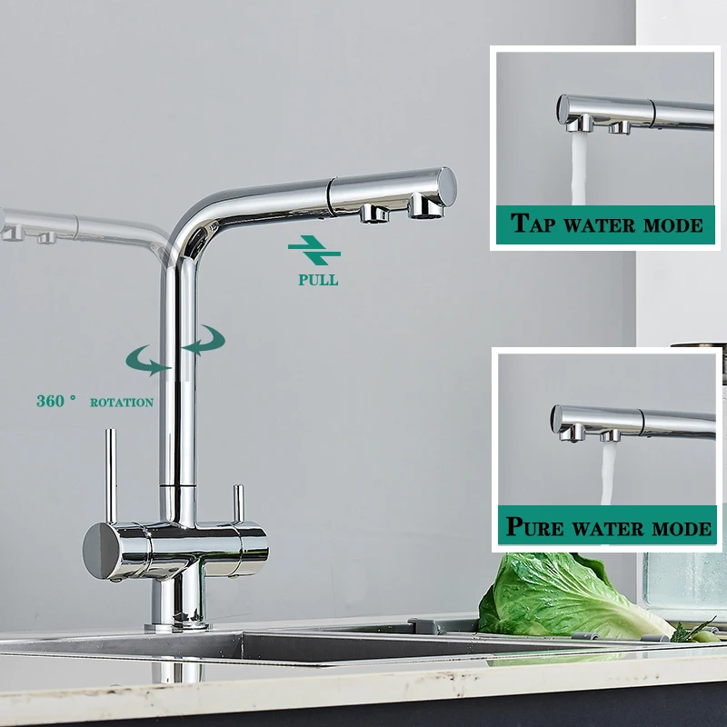 Ausziehbarer Küchenarmatur mit doppeltem Schwenkauslauf, Trinkwasserfilter, Messing, Luftreiniger, Gefäß, Waschbecken, Mischbatterie, heißer und