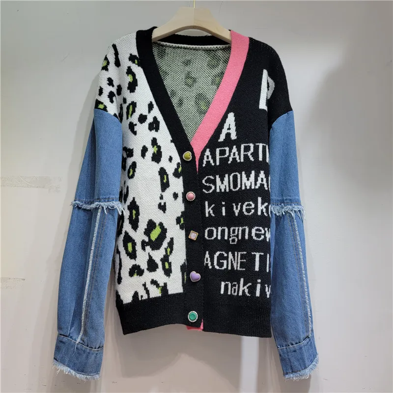 Denim Spliced Leopard Print Knitted Sweater Jacket Women Autumn Winter Loose Cardigan Sweaters Female V-Neck Letter Knit Coat