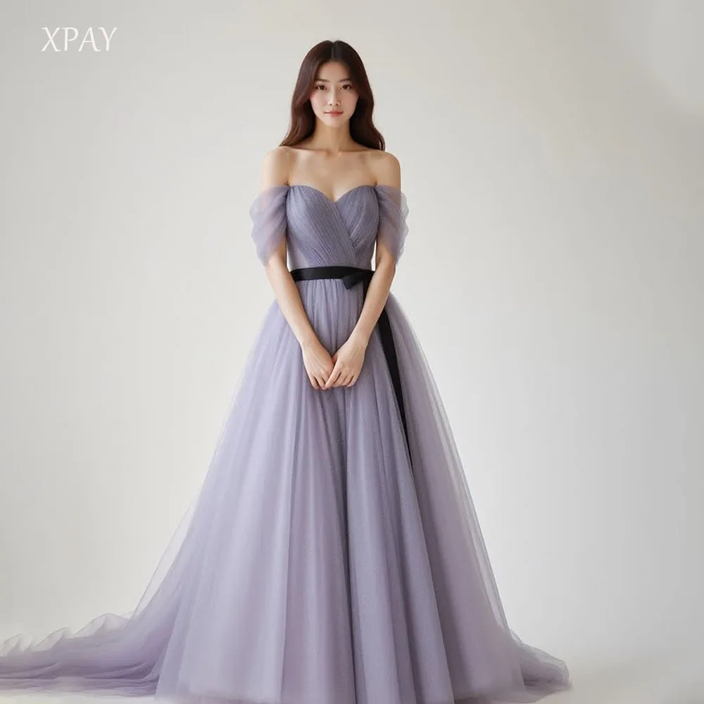 

XPAY Sweetheart Collar Pleat Korea Evening Dresses A Line Detachable Belt Formal Party Prom Gown For Wedding Photos Shoot Train