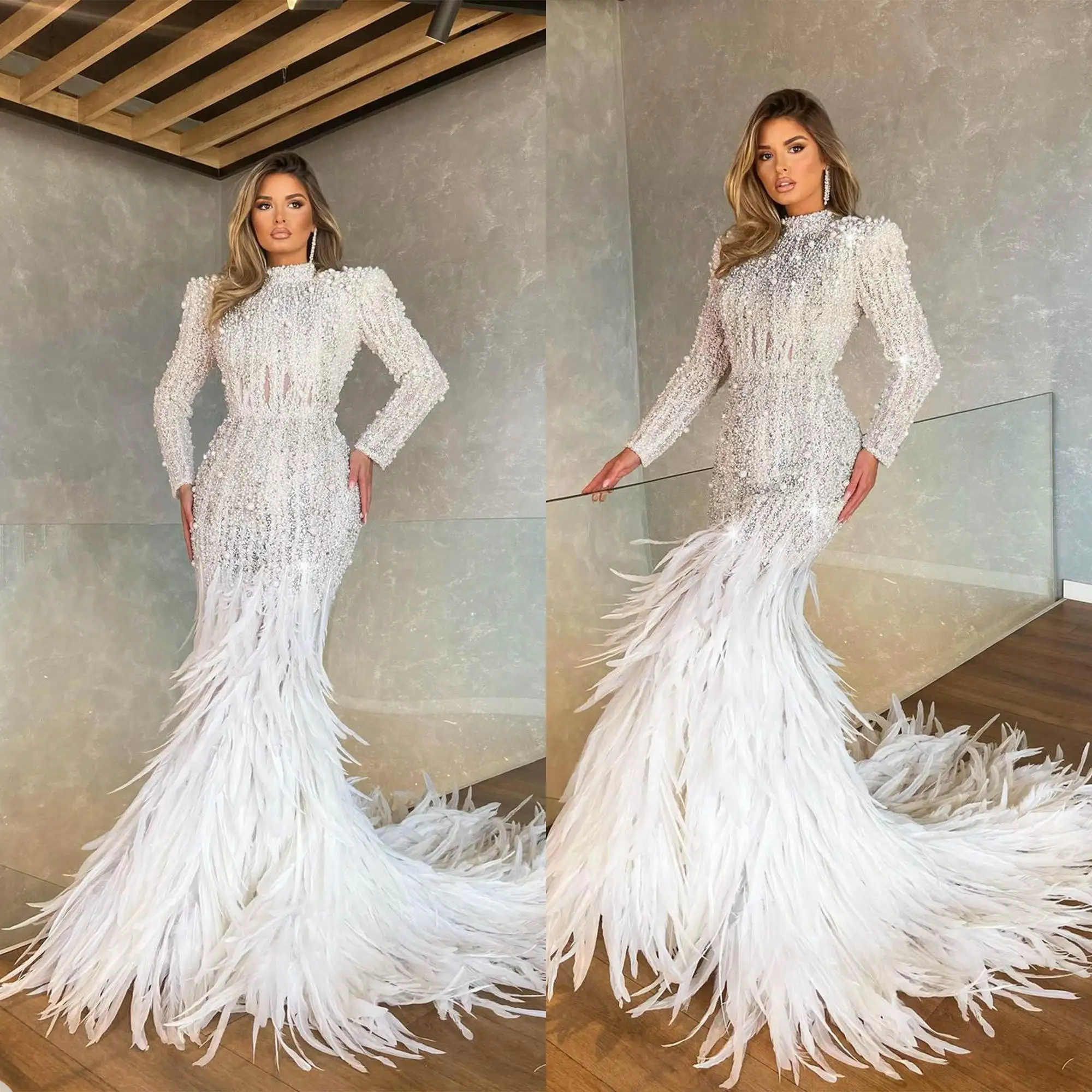 ไข่มุกGorgeousชุดเดรสเมอร์เมดSequinsลูกปัดชุดเจ้าสาวFeatherที่กําหนดเองภาพลวงตาแขนยาวVestido De Novia