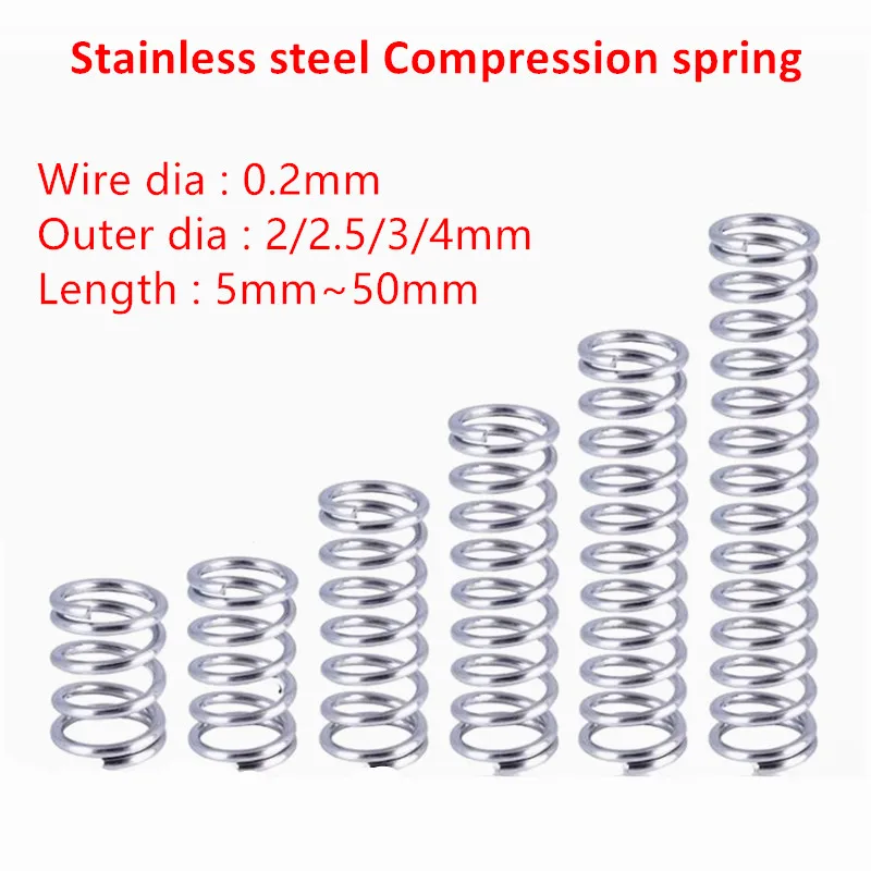 

50pcs wire dia 0.2mm 304 Stainless Steel Micro Small Compression Spring OD 2/2.5/3/4mm Length 5mm to 50mm