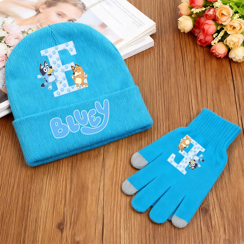 2PCS Blueys Knitted Hat Gloves Set Anime Bingo Letter A-Z Print Warm Accessories Boys Girls Beanies Gloves Birthday Xmas Gift