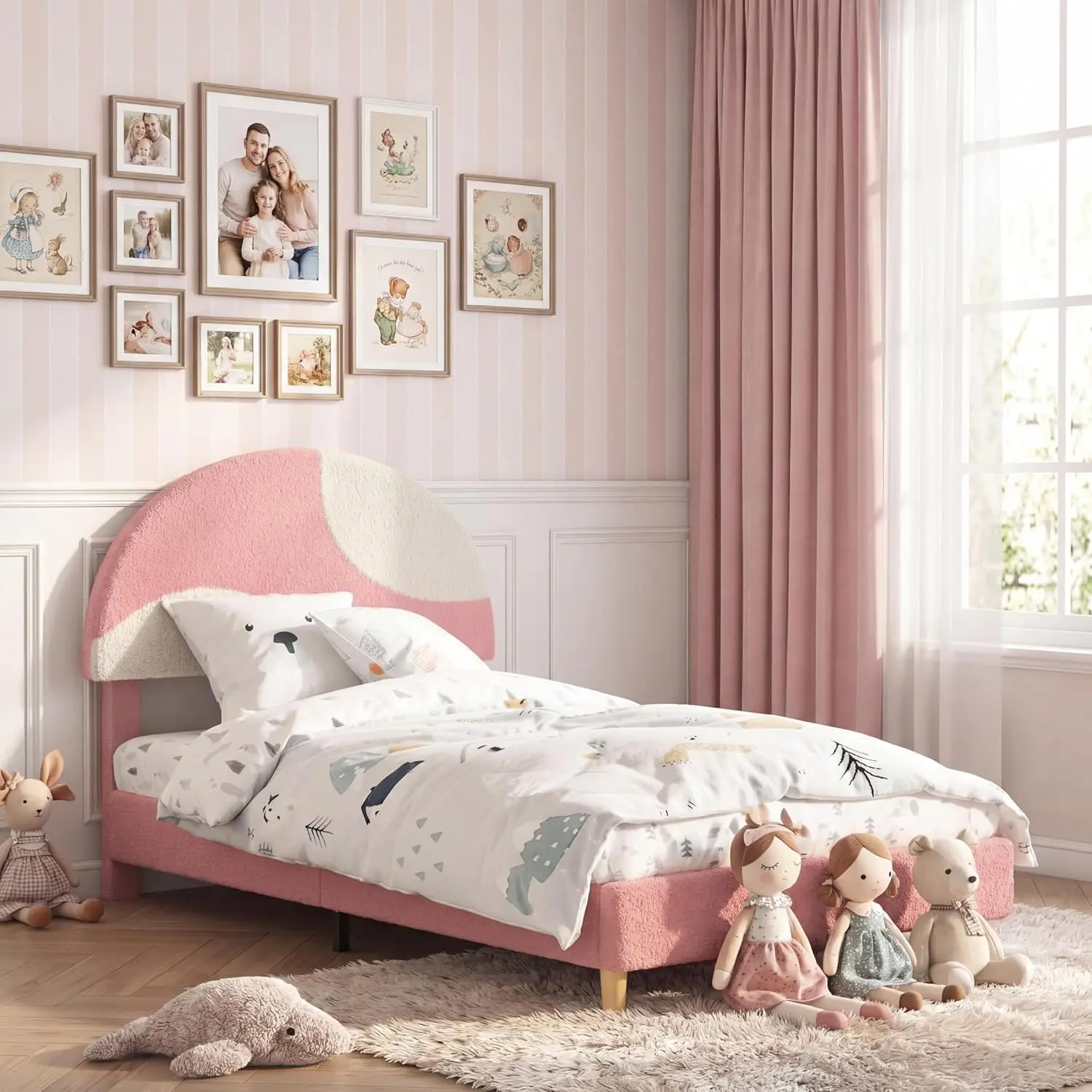 

Twin Bed Frame with Round Boucle Headboard Upholstered Arch Shaped Design in Soft Pink White Modern Kids Wooden Slats Bed No