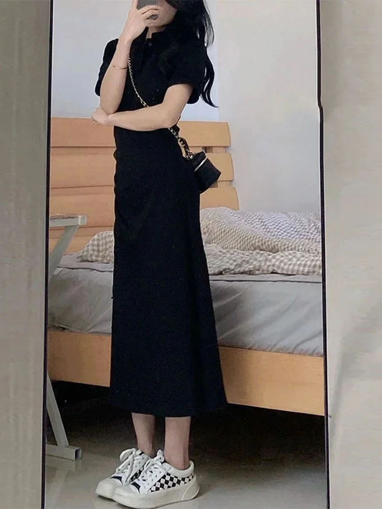 Sweet Elegant Ladies Polo Neck Woman Dress French Solid Color Slim Women Dress Black Fashion Street Simple Basic Dresses Female