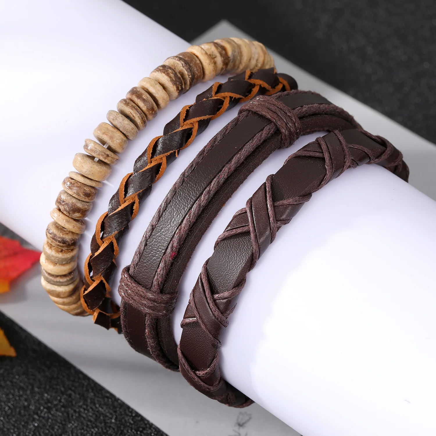 Retro Handgewebte Holzperlen Mehrschichtige Armbänder Hip-Hop Leder Kokosnussschale Herrenarmbänder Modeschmuck Trendige Accessoires – Detail 4