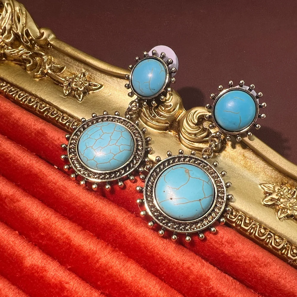 

Средневековые бирюзовые серьги в русском золотом стиле, винтажные, придворные, универсальные, высококачественные, хит продаж, для трансграничной торговли
