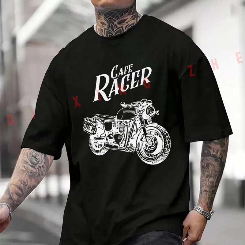 

Cafe Racer Motorcycle T-Shirt Moto Cotton Cute Men Clothes Plain Summer Casual Short Sleeve Round Neck T Shirts
