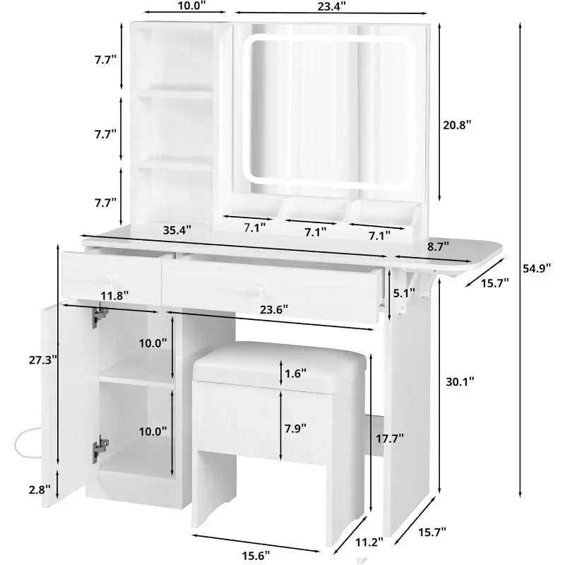 Vanity Desk with LED Lighted Mirror & Power Outlet, Makeup Table with Drawers & Cabinet,Storage Stool,for Bedroom, White